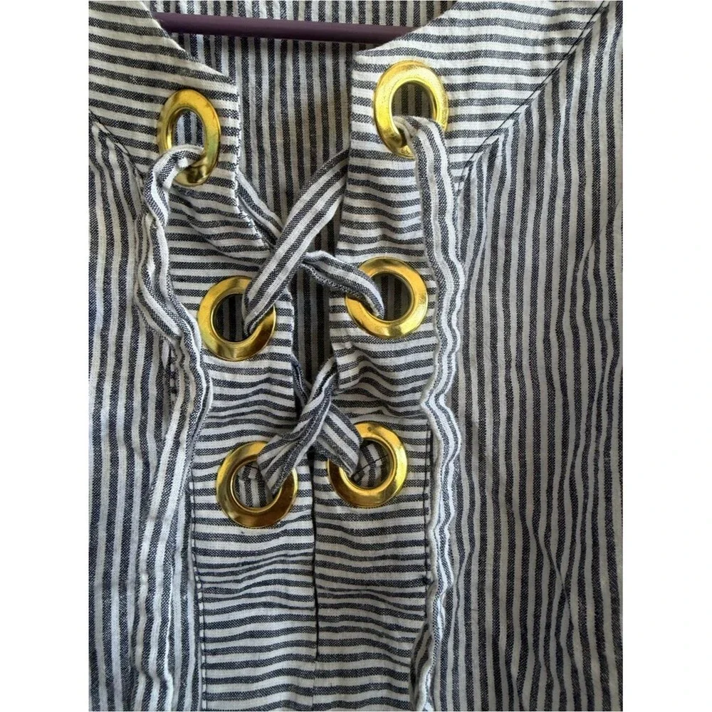 Michael Kors Navy and White Striped tie Top